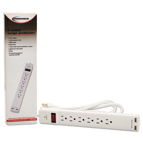 Surge Protector, 6 Ac Outlets/2 Usb Ports, 6 Ft Cord, 1,080 J, White