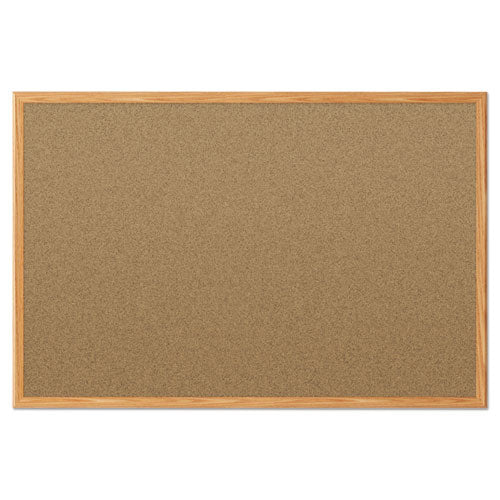 Economy Cork Board With Oak Frame, 48 X 36, Tan Surface, Oak Fiberboard Frame