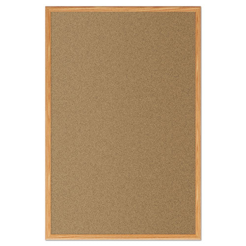 Economy Cork Board With Oak Frame, 48 X 36, Tan Surface, Oak Fiberboard Frame