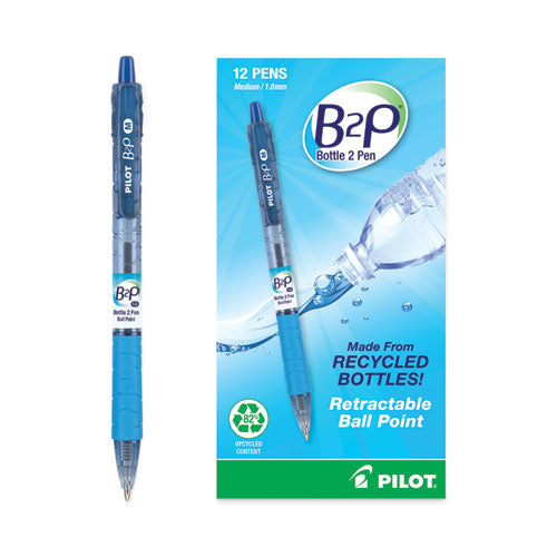 B2p Bottle-2-pen Recycled Ballpoint Pen, Retractable, Medium 1 Mm, Blue Ink, Translucent Blue Barrel, Dozen