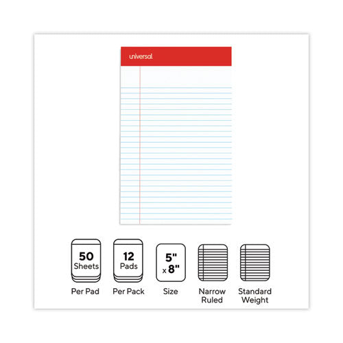 Perforated Ruled Writing Pads, Narrow Rule, Red Headband, 50 White 5 X 8 Sheets, Dozen
