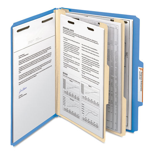 Top Tab Classification Folders, Six Safeshield Fasteners, 2" Expansion, 2 Dividers, Letter Size, Blue Exterior, 10/box