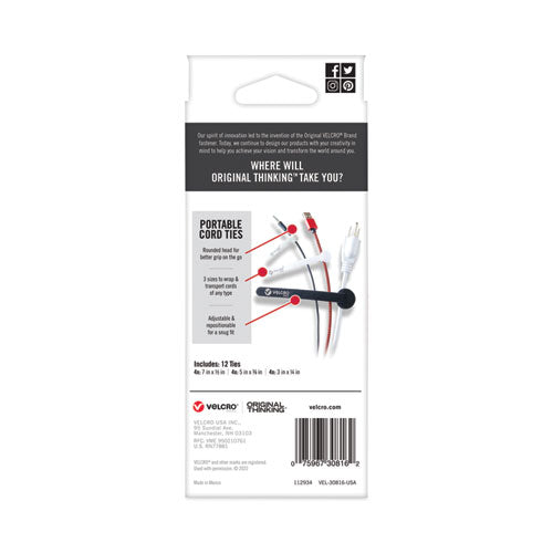 Portable Cord Ties, (4) 3" X 0.25"/ (4) 5" X 0.38"/ (4) 7" X 0.5", Black/gray/white, 12/pack