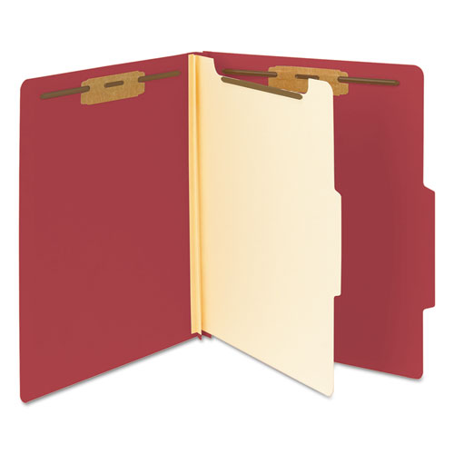 Top Tab Classification Folders, Four Safeshield Fasteners, 2" Expansion, 1 Divider, Letter Size, Red Exterior, 10/box