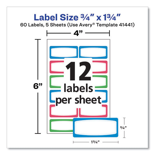 Avery Kids Handwritten Identification Labels, 1.75 X 0.75, Border Colors: Blue, Green, Red, 12 Labels/sheet, 5 Sheets/pack