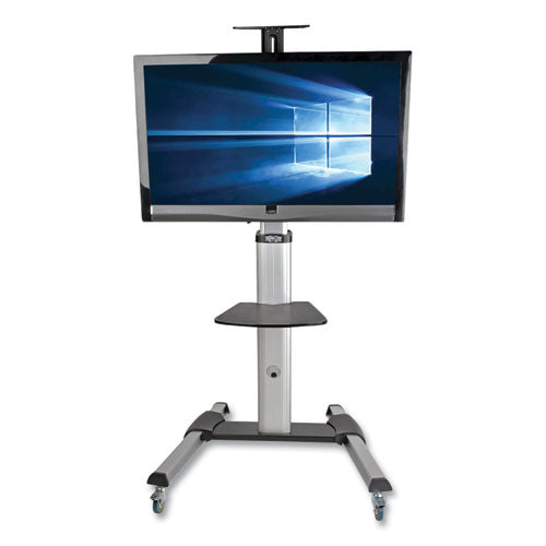 Flat Panel Floor Stand, Tilt Range: -12 To +5, Metal, 1 Shelf, 110 Lb Capacity, 32.6" X 27.6" X 81.5", Silver/black