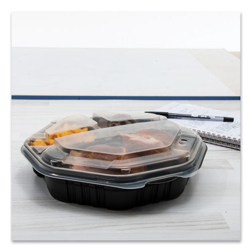 Octaview Hinged-lid Hot Food Containers, 3-compartment, 38 Oz, 9.55 X 9.1 X 2.4, Black/clear, Plastic, 100/carton