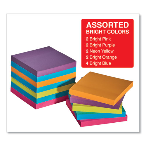 Self-stick Note Pads, 3" X 3", Assorted Bright Colors, 100 Sheets/pad, 12 Pads/pack