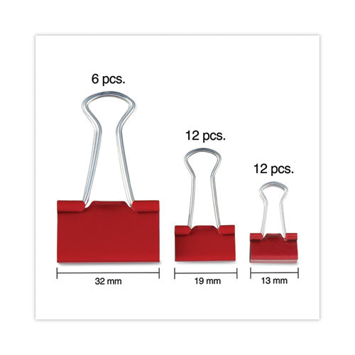 Binder Clips With Storage Tub, (12) Mini (0.5"), (12) Small (0.75"), (6) Medium (1.25"), Assorted Colors