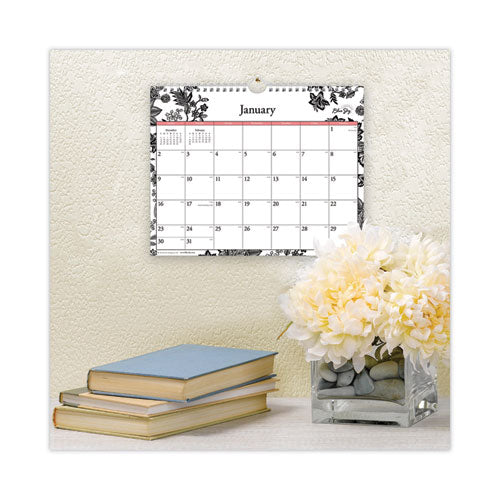 Analeis Wall Calendar, Analeis Floral Artwork, 11 X 8.75, White/black/coral Sheets, 12-month (jan To Dec): 2024