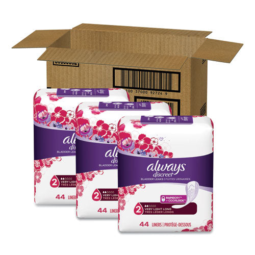 Discreet Incontinence Liners, Very Light Absorbency, Long, 44/pack, 3 Packs/carton