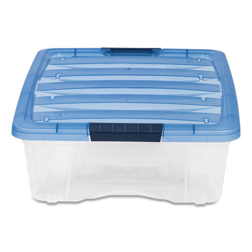 Stack And Pull Latching Flat Lid Storage Box, 6.73 Gal, 16.5" X 22" X 6.5", Clear/translucent Blue