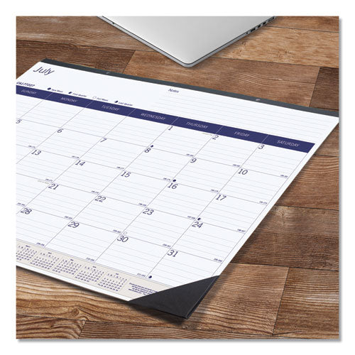 Academic Monthly Desk Pad Calendar, 22 X 17, White/blue/gray Sheets, Black Binding/corners, 13-month (july-july): 2023-2024