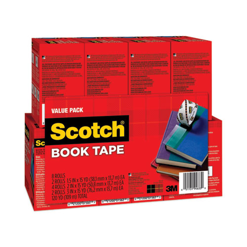 Book Tape Value Pack, 3" Core, (2) 1.5" X 15 Yds, (4) 2" X 15 Yds, (2) 3" X 15 Yds, Clear, 8/pack