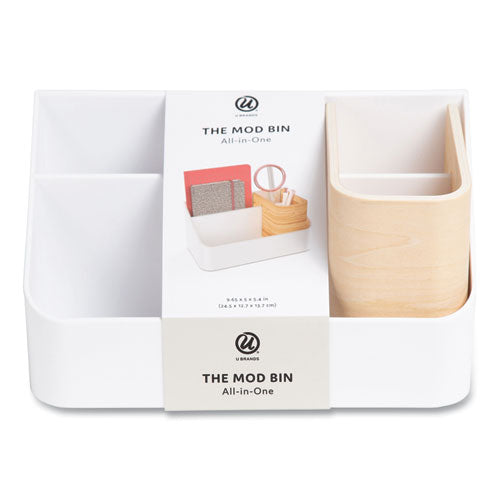 Mod All-in-one Desktop Organizer, 4 Compartments, 5.39 X 9.65 X 5.08, White, Plastic