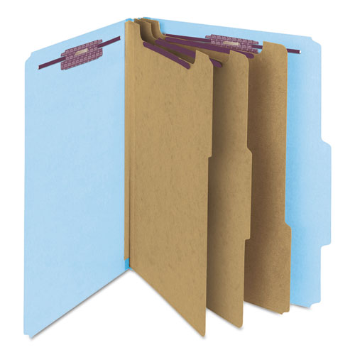 Pressboard Top Tab Classification Folders, Eight Safeshield Fasteners, 3" Expansion, 3 Dividers, Letter Size, Blue, 10/box