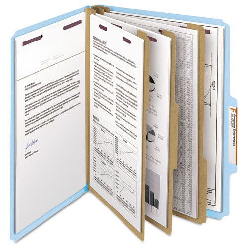 Pressboard Top Tab Classification Folders, Eight Safeshield Fasteners, 3" Expansion, 3 Dividers, Letter Size, Blue, 10/box