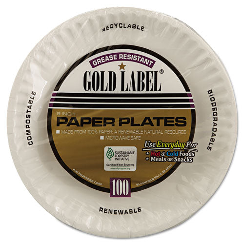 Gold Label Coated Paper Plates, 9" Dia, White, 100/pack, 10 Packs/carton