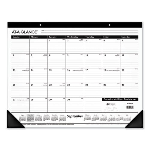 Academic Year Ruled Desk Pad, 21.75 X 17, White Sheets, Black Binding, Black Corners, 16-month (sept To Dec): 2023 To 2024