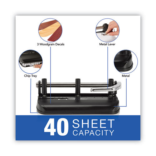 40-sheet Accented Heavy-duty Lever Action Two- To Seven-hole Punch, 11/32" Holes, Black/woodgrain
