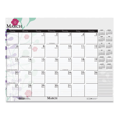 Recycled Desk Pad Calendar, Wild Flowers Artwork, 18.5 X 13, White Sheets, Black Binding/corners,12-month (jan-dec): 2024