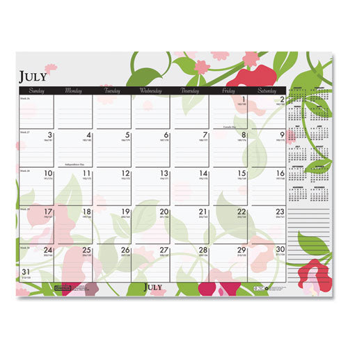 Recycled Desk Pad Calendar, Wild Flowers Artwork, 18.5 X 13, White Sheets, Black Binding/corners,12-month (jan-dec): 2024