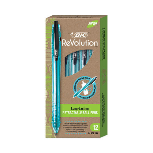 Revolution Ocean Bound Ballpoint Pen, Retractable, Medium 1 Mm, Black Ink, Translucent Blue Barrel, Dozen