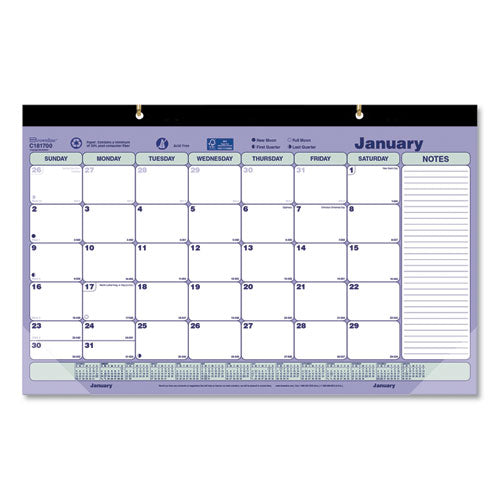 Monthly Desk Pad Calendar, 17.75 X 10.88, White/blue/green Sheets, Black Binding, Clear Corners, 12-month (jan To Dec): 2024