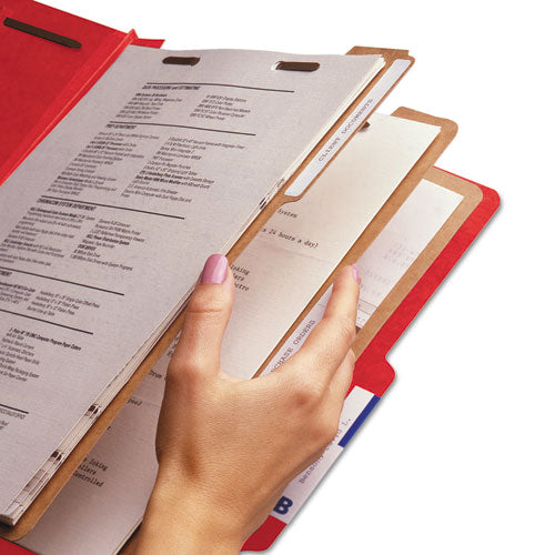 Eight-section Pressboard Top Tab Classification Folders, 8 Safeshield Fasteners, 3 Dividers, Legal Size, Bright Red, 10/box