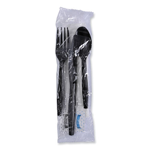 Six-piece Cutlery Kit, Condiment/fork/knife/napkin/teaspoon, Black, 250/carton