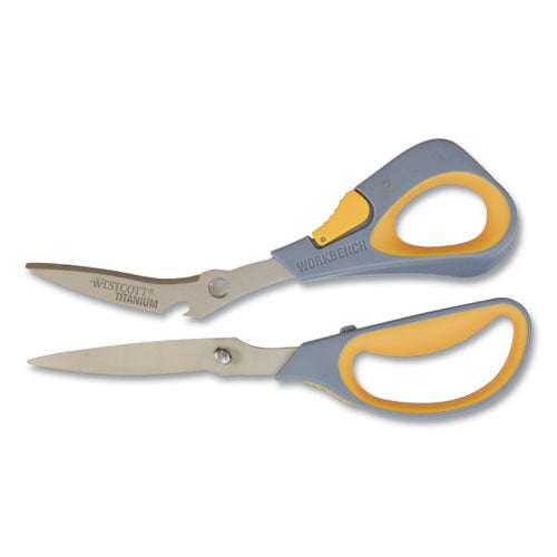 Titanium Bonded Workbench Shears, 8" Long, 3" Cut Length, Gray/yellow Offset Handle