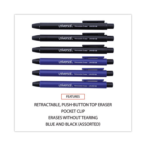 Pen-style Retractable Eraser, For Pencil Marks, White Eraser, Assorted Barrel Colors, 6/pack