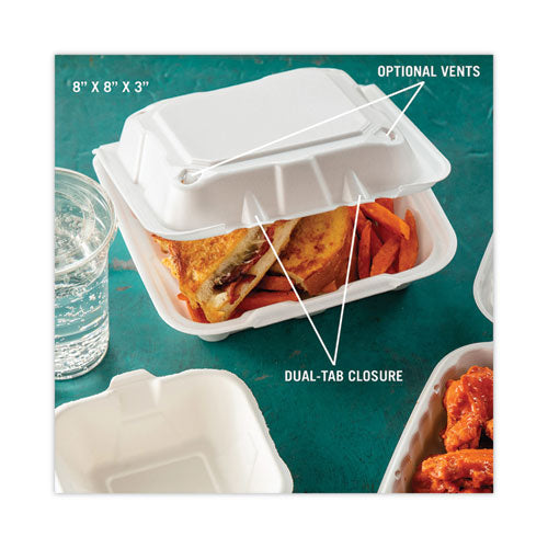 Vented Foam Hinged Lid Container, Dual Tab Lock, 8.42 X 8.15 X 3, White, 150/carton