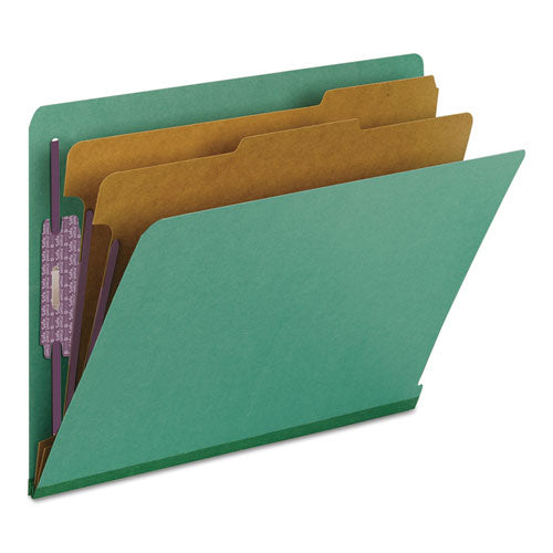 End Tab Pressboard Classification Folders, Six Safeshield Fasteners, 2" Expansion, 2 Dividers, Letter Size, Green, 10/box