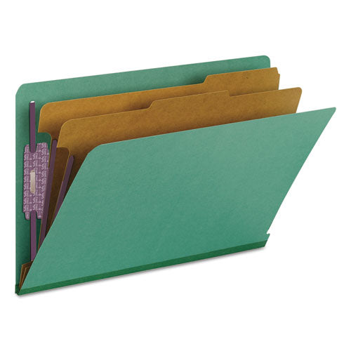 End Tab Pressboard Classification Folders, Six Safeshield Fasteners, 2" Expansion, 2 Dividers, Legal Size, Green, 10/box