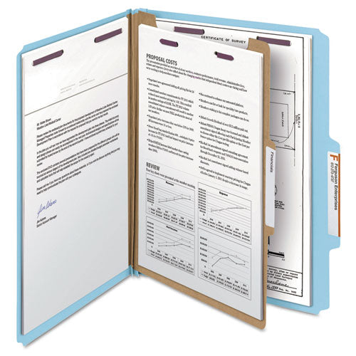 Four-section Pressboard Top Tab Classification Folders, Four Safeshield Fasteners, 1 Divider, Letter Size, Blue, 10/box