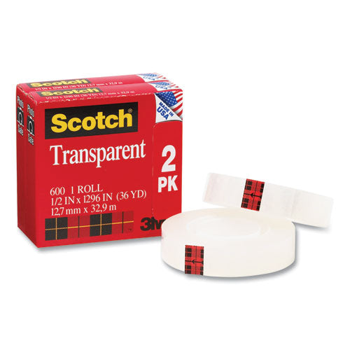 Transparent Tape, 1" Core, 0.5" X 36 Yds, Crystal Clear, 2/pack