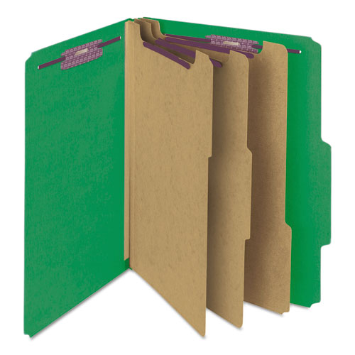 Eight-section Pressboard Top Tab Classification Folders, Eight Safeshield Fasteners, 3 Dividers, Letter Size, Green, 10/box