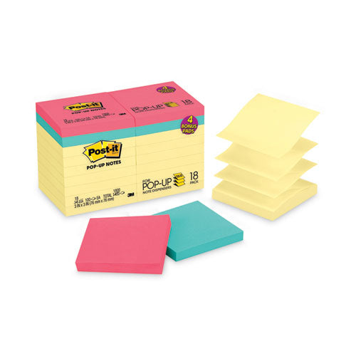 Original Pop-up Notes Value Pack, 3 X 3, (14) Canary Yellow, (4) Poptimistic Collection Colors, 100 Sheets/pad, 18 Pads/pack