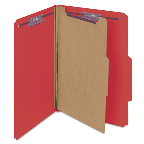 Four-section Pressboard Top Tab Classification Folders, Four Safeshield Fasteners, 1 Divider, Legal Size, Bright Red, 10/box