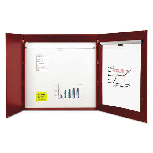 Conference Cabinet, Porcelain Magnetic Dry Erase Board, 48 X 48, White Surface, Cherry Wood Frame