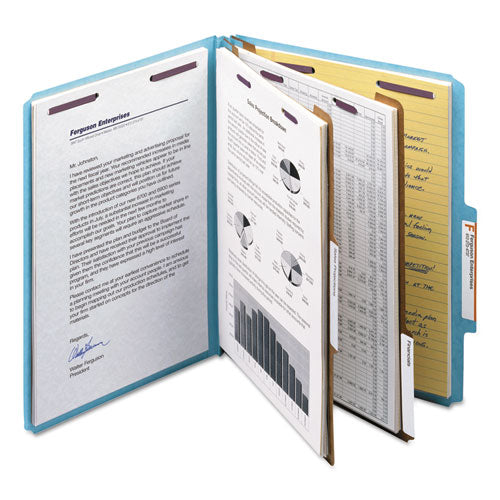 Six-section Pressboard Top Tab Classification Folders, Six Safeshield Fasteners, 2 Dividers, Letter Size, Blue, 10/box