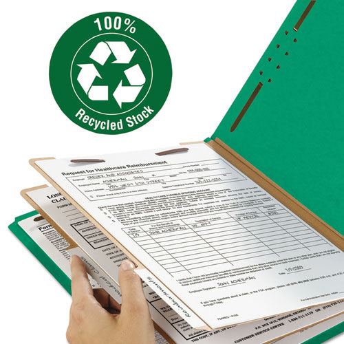 Recycled Pressboard Classification Folders, 2" Expansion, 2 Dividers, 6 Fasteners, Letter Size, Green Exterior, 10/box