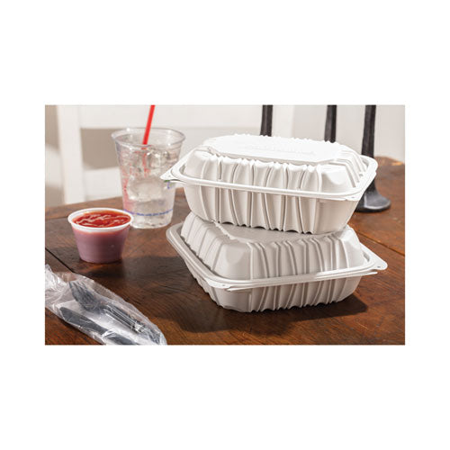 Earthchoice Vented Microwavable Mfpp Hinged Lid Container, 9 X 6 X 2.75, White, Plastic, 170/carton