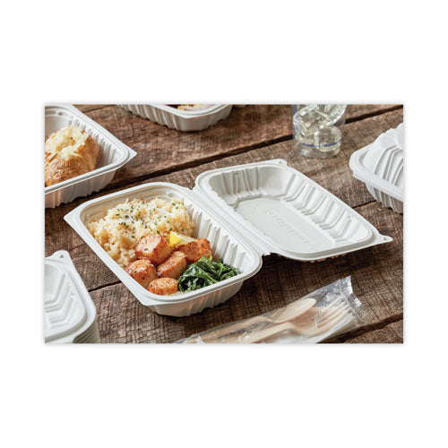 Earthchoice Vented Microwavable Mfpp Hinged Lid Container, 9 X 6 X 2.75, White, Plastic, 170/carton