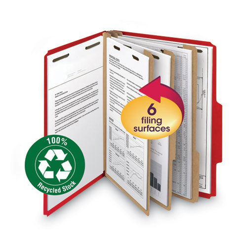 Recycled Pressboard Classification Folders, 2" Expansion, 2 Dividers, 6 Fasteners, Letter Size, Bright Red, 10/box