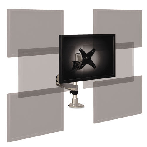 Easy-adjust Desk Single Arm Mount For 30" Monitors, 360 Deg Rotation, +90/-15 Deg Tilt, 360 Deg Pan, Silver, Supports 20 Lb