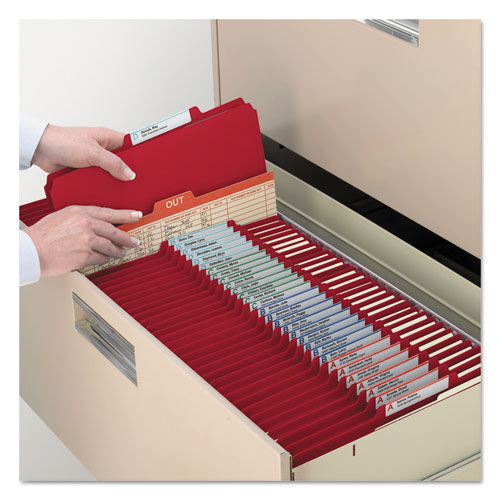 Top Tab Classification Folders, Six Safeshield Fasteners, 2" Expansion, 2 Dividers, Letter Size, Red Exterior, 10/box