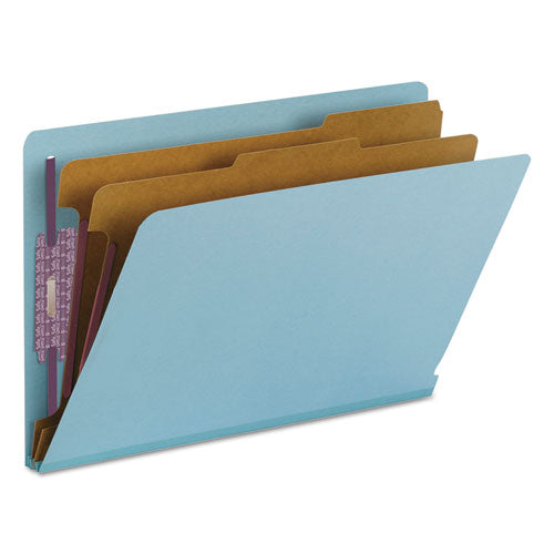 End Tab Pressboard Classification Folders, Six Safeshield Fasteners, 2" Expansion, 2 Dividers, Legal Size, Blue, 10/box