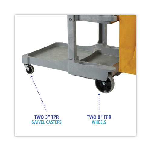 Janitor's Cart, Plastic, 4 Shelves, 1 Bin, 22" X 44" X 38", Gray